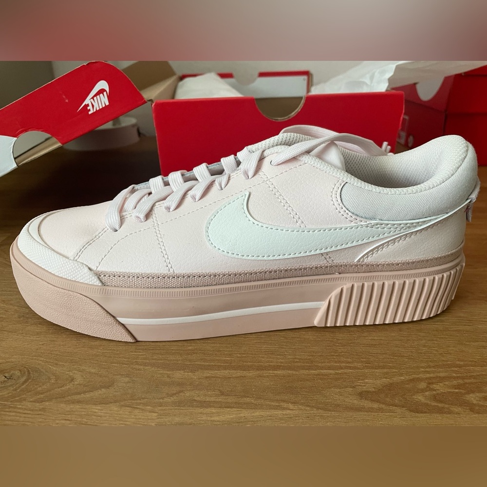 Nike Women’s Court Legacy Lift Light Pink Low-Top Sneakers with White Swoosh